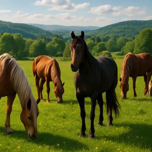 a group of brown horses on a green meadow