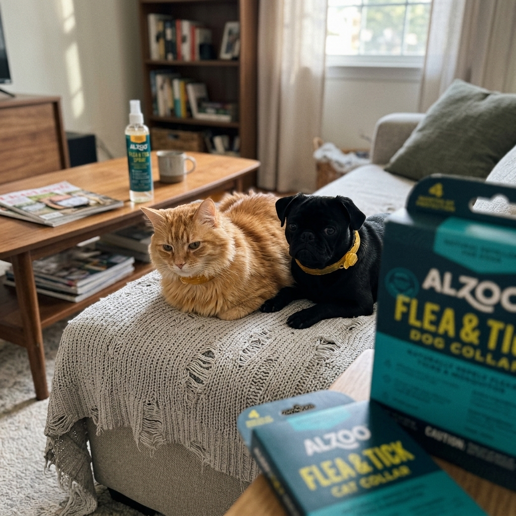 Dog and cat with ALZOO flea and tick collar products