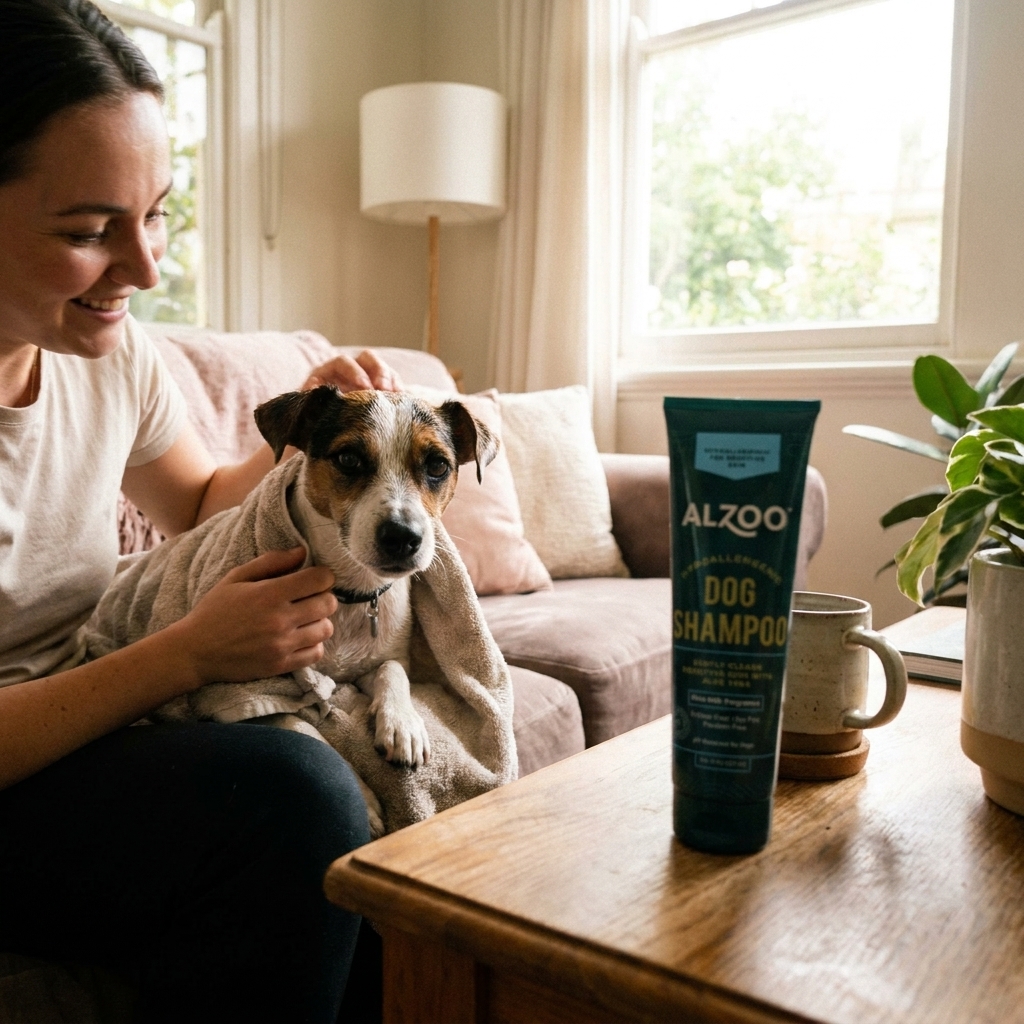 Dog after bath time beside ALZOO Hypoallergenic Dog Shampoo