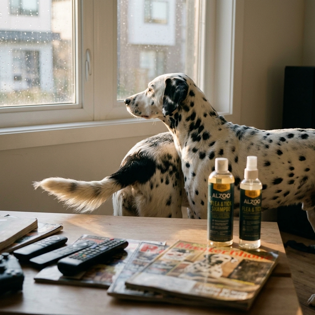 Dogs beside ALZOO flea and tick spray and shampoo