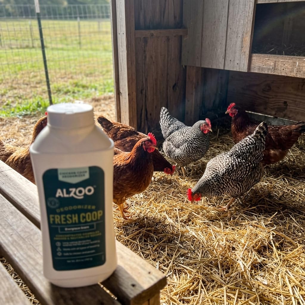 Chickens beside ALZOO Fresh Coop Deodorizer