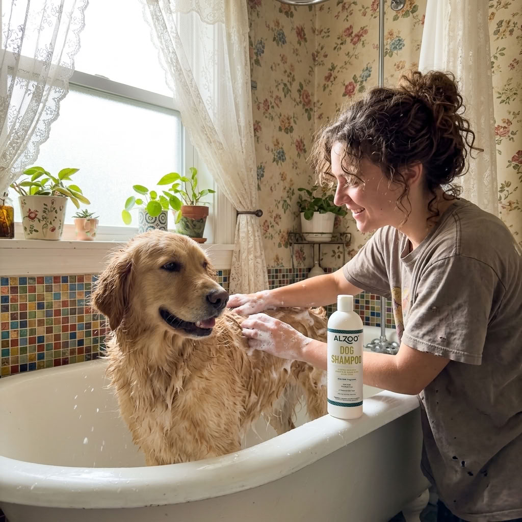 Dog after bath time beside ALZOO Hypoallergenic Dog Shampoo