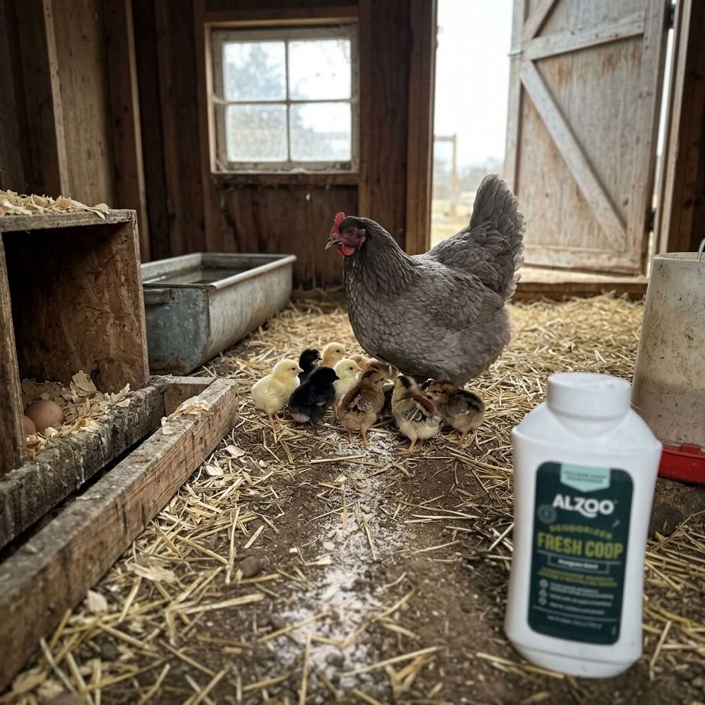 Chickens beside ALZOO Fresh Coop Deodorizer